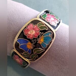 Floral Butterfly Guilloche Enamel Clamp Bracelet